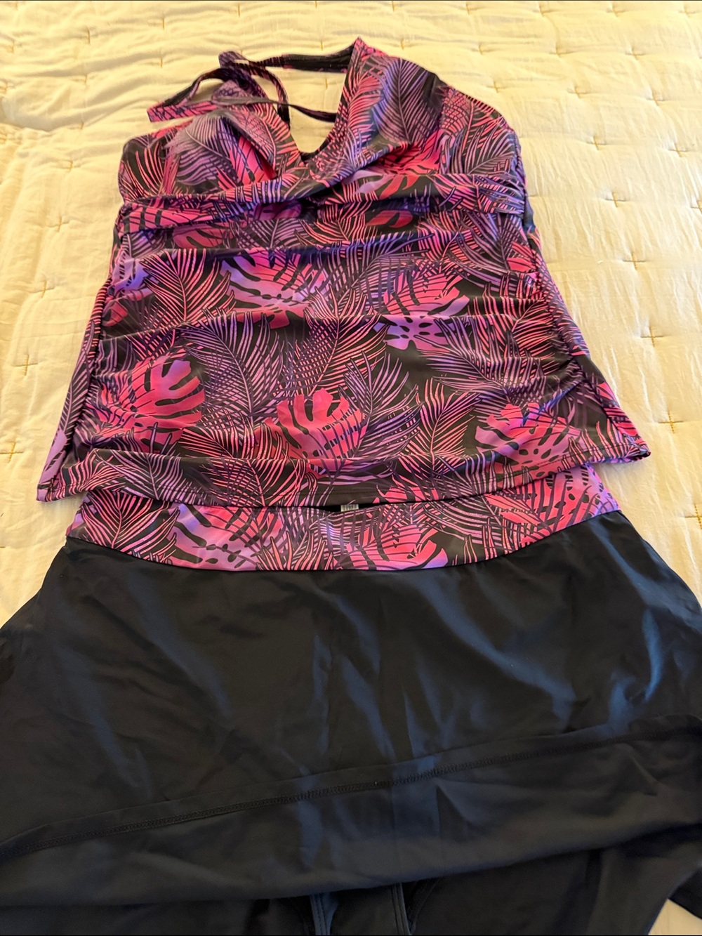 Pink & Black Tropical Print Tankini Top with matching skirted Bottoms